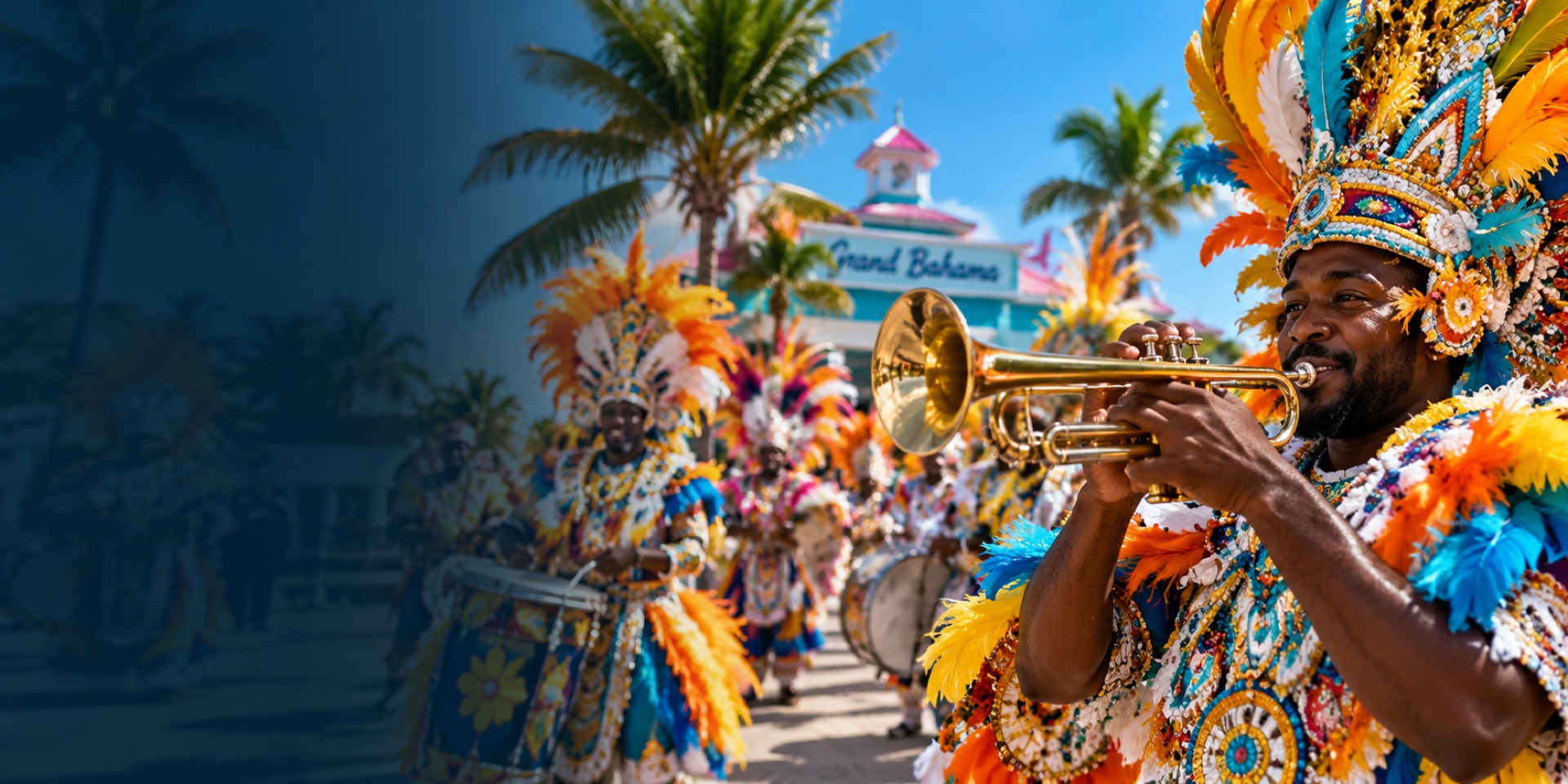 Junkanoo performers parading through Grand Bahama