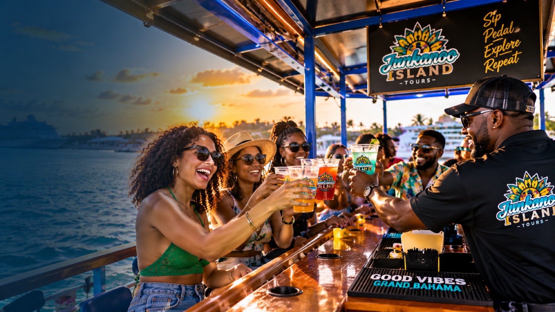 Friends toasting drinks on a Junkanoo Island experience