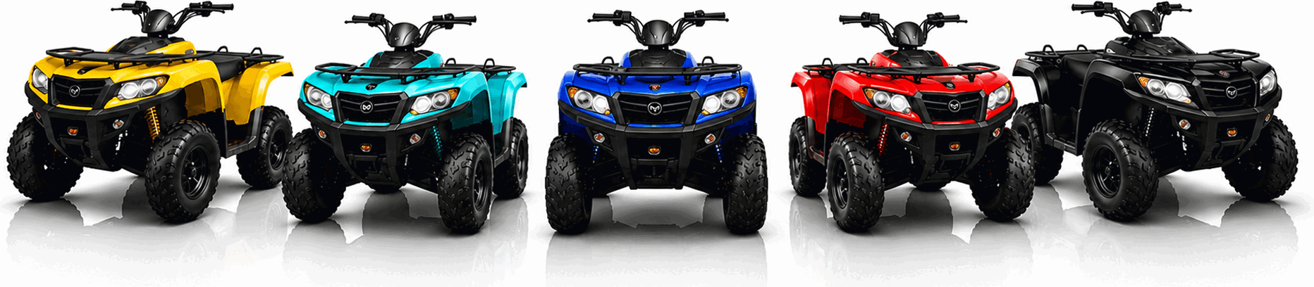 Five ATV colors — yellow, turquoise, blue, red, black